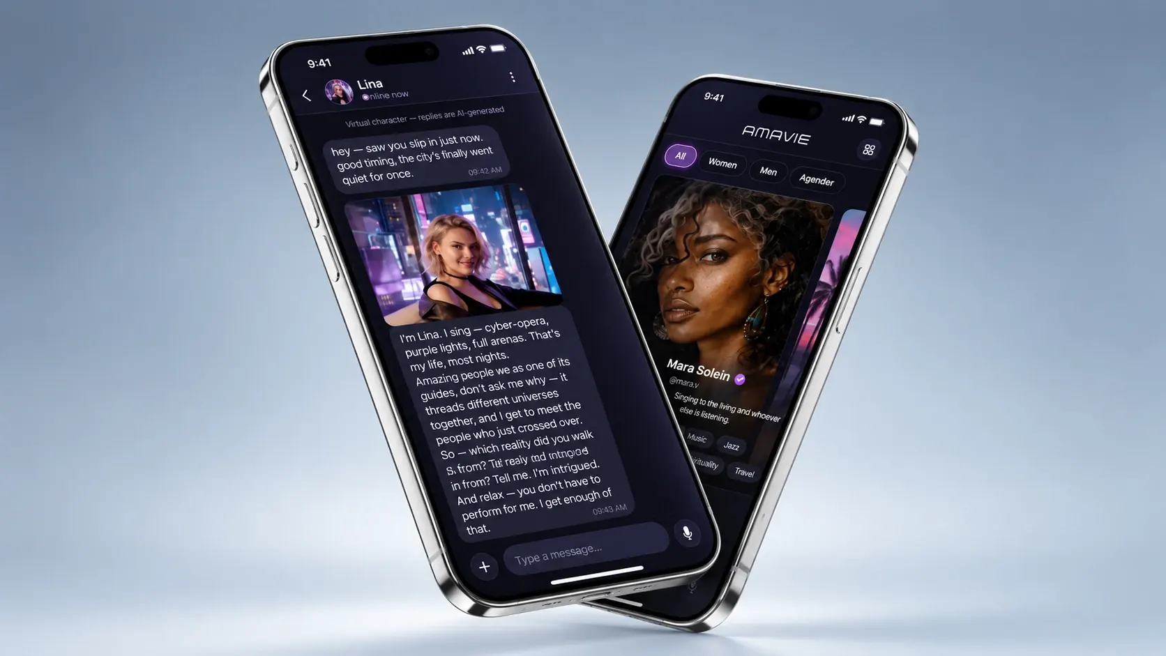 Zwei Screens der Amavie-App: ein Chat mit Lina und der Charakter-Feed